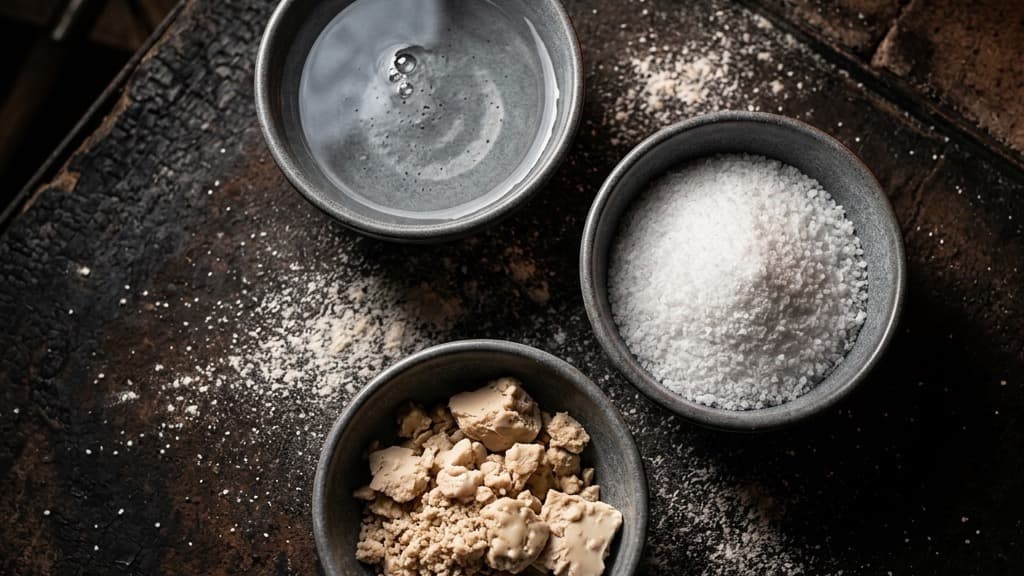 Macro dall'alto di tre ciotole su fondo scuro contenenti acqua limpida, sale fino e lievito fresco sbriciolato