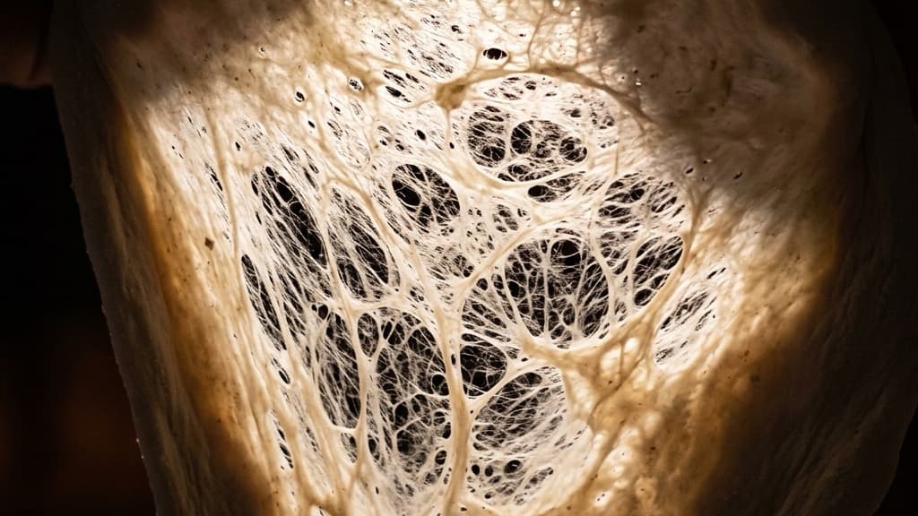Dettaglio ravvicinato di una membrana di impasto stesa, sottile e semitrasparente che mostra la fitta rete glutinica controluce