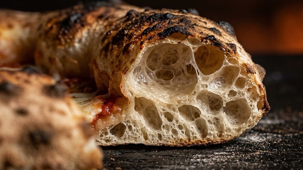 Sezione trasversale di un cornicione di pizza cotto, con alveolatura aperta e irregolare, illuminato lateralmente su fondo scuro