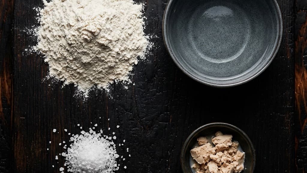 Vista dall'alto dei quattro ingredienti disposti con cura su un asse di legno scuro: farina, ciotola d'acqua, sale grosso e lievito fresco
