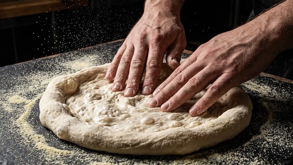 Due mani che allargano delicatamente un panetto per pizza stendendolo a mano su una superficie infarinata scura