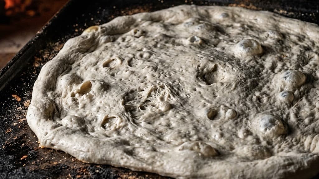 Un impasto per pizza sovra-fermentato e collassato, sgonfio e piatto su una teglia nera nel forno