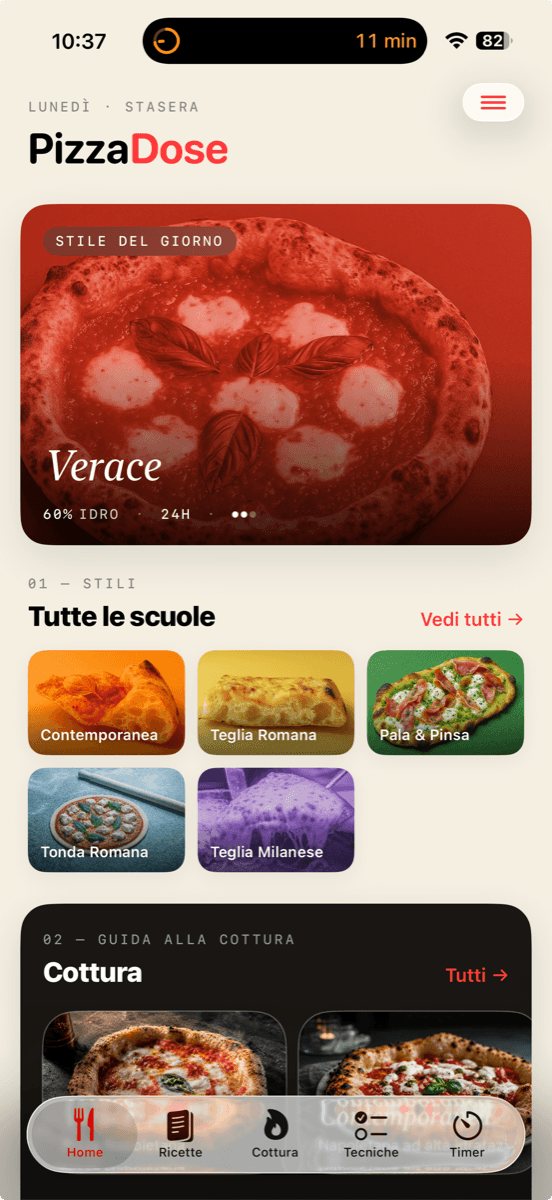 Screenshot dell'app PizzaDose per iOS: calcolatore impasti