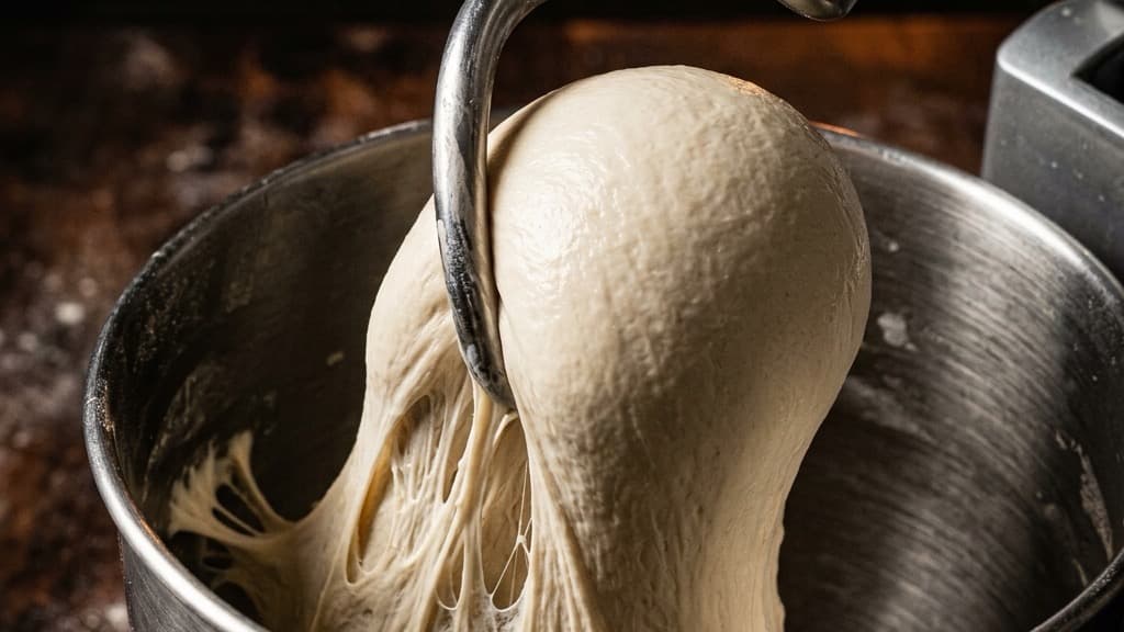 Dettaglio a 45 gradi del gancio a spirale di un'impastatrice planetaria in acciaio che solleva una massa liscia ed elastica di impasto per pizza in rotazione