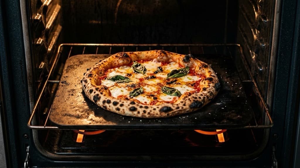 Una pizza margherita pronta su una piastra d'acciaio bollente all'interno di un forno elettrico domestico con riverbero caldo
