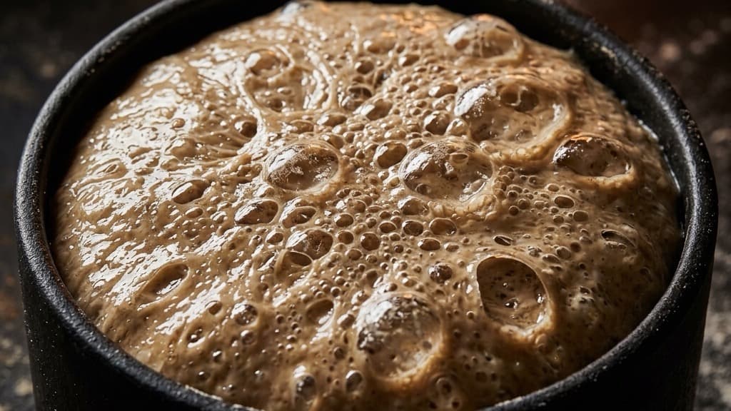 Macro della superficie a cupola di un impasto per pizza in fermentazione all'interno di un contenitore, con grandi bolle di anidride carbonica lucide