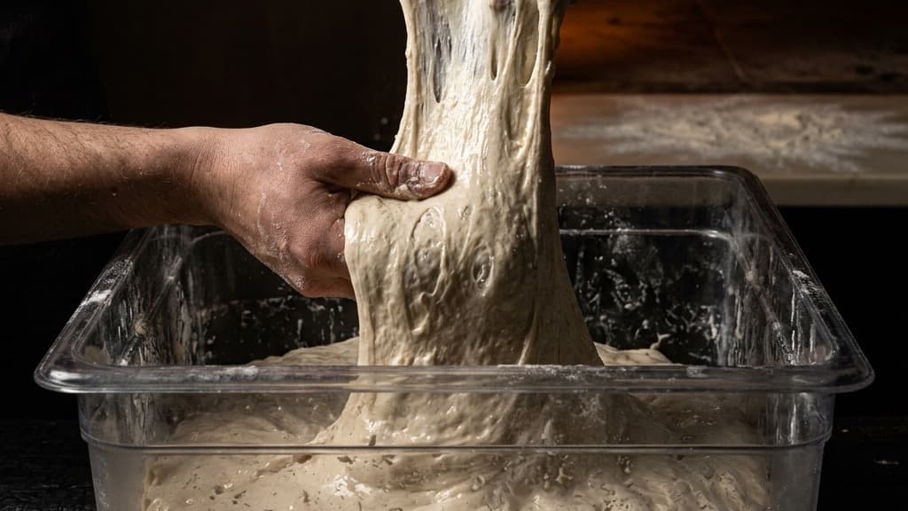 Due mani che sollevano e piegano un impasto ad alta idratazione all'interno di una vaschetta trasparente per fare le pieghe di rinforzo
