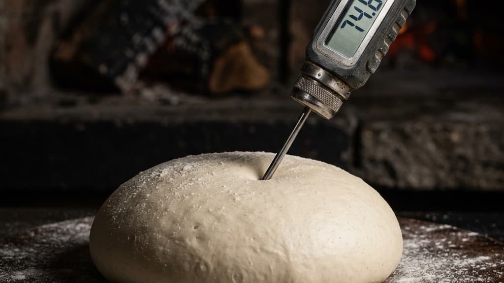 Dettaglio macro di un termometro digitale a sonda inserito in una pagnotta liscia di impasto per pizza su una superficie infarinata