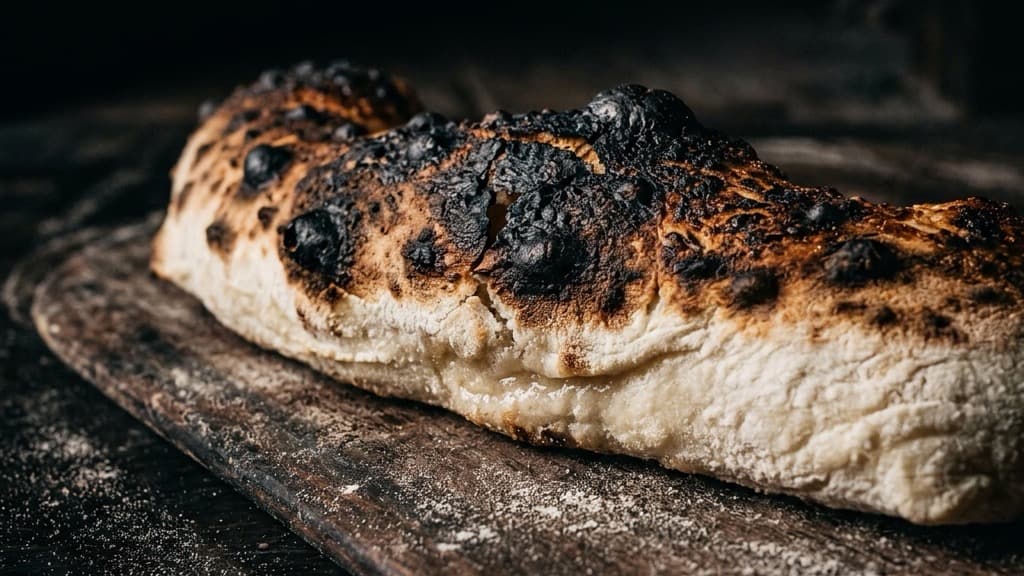 Macro drammatica del cornicione di una pizza bruciato e con bolle scure, mentre la base circostante rimane di colore chiaro