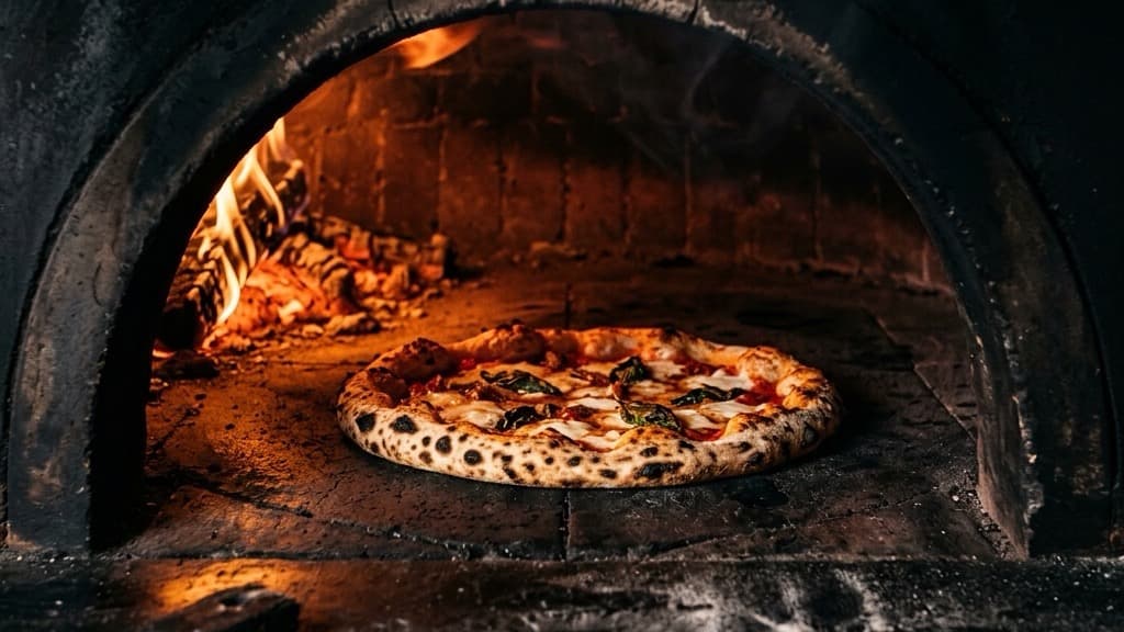 Una pizza margherita in cottura all'interno di un fornetto refrattario ad alta temperatura, con un bagliore caldo delle resistenze