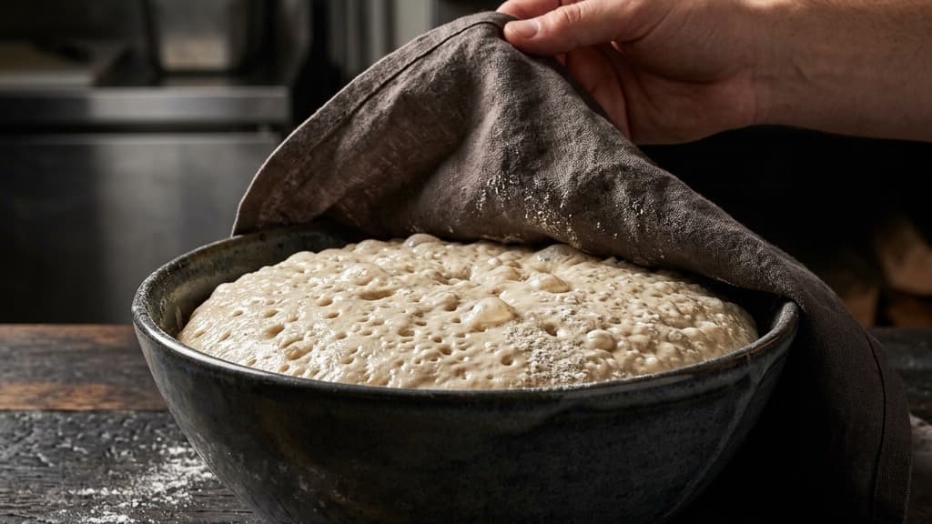 Una ciotola di impasto per pizza ben lievitata e ricca di bollicine, con un panno di lino sollevato parzialmente da una mano