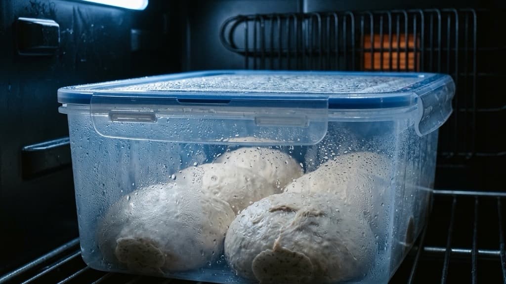 Panetti di impasto per pizza all'interno di un contenitore di plastica ermetico su un ripiano del frigorifero con condensa e luce fredda