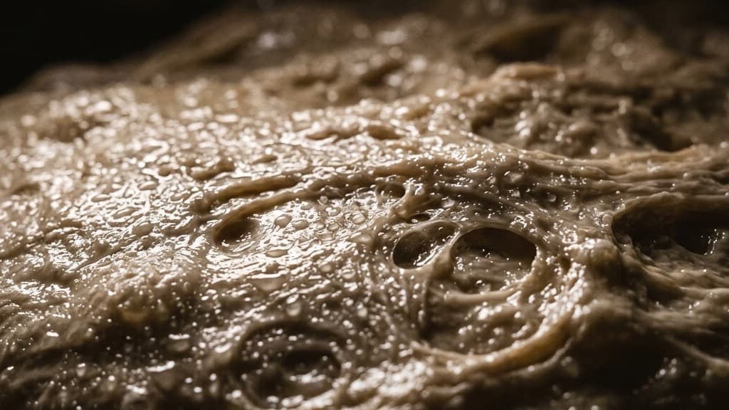 Dettaglio ravvicinato macro dell'umidità e dell'aspetto bagnato sulla superficie elastica di un impasto da pizza