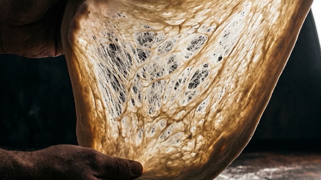 Due mani che allargano e tendono un velo sottile di impasto per pizza rivelando la fitta maglia elastica del glutine controluce