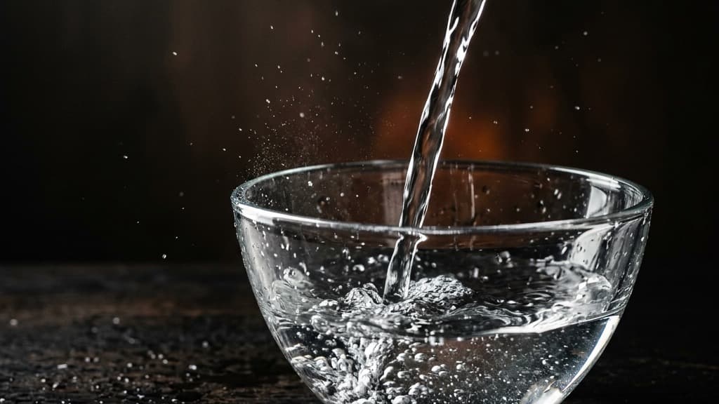 Un flusso limpido di acqua versato in una ciotola di vetro su sfondo scuro con riflessi nitidi
