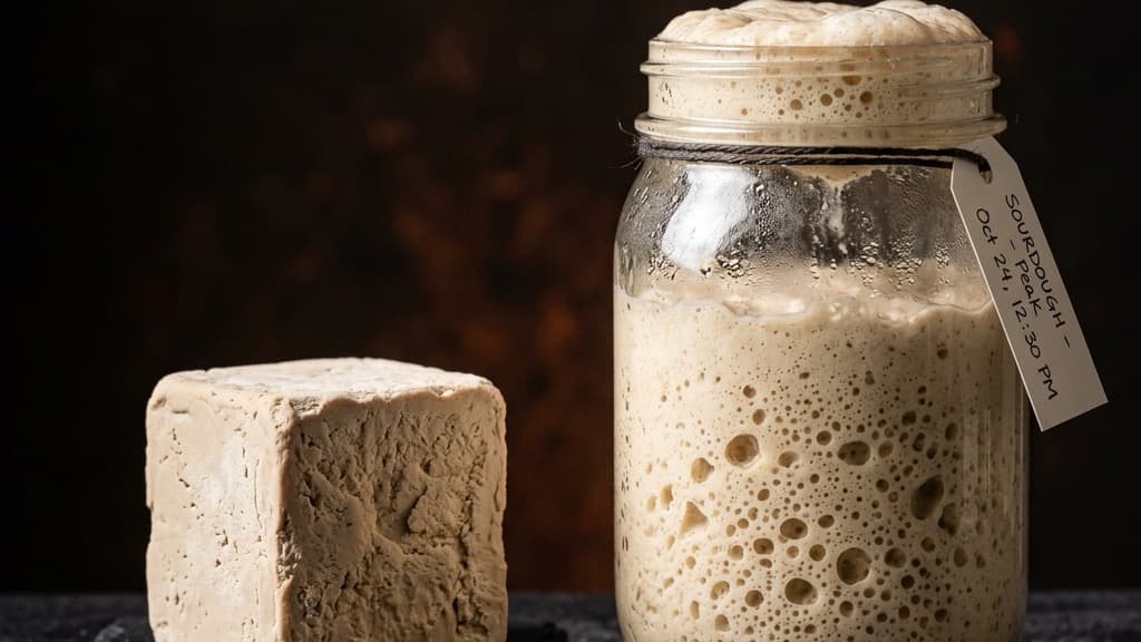 Un cubetto di lievito di birra fresco e un barattolo in vetro con lievito madre in fermentazione affiancati