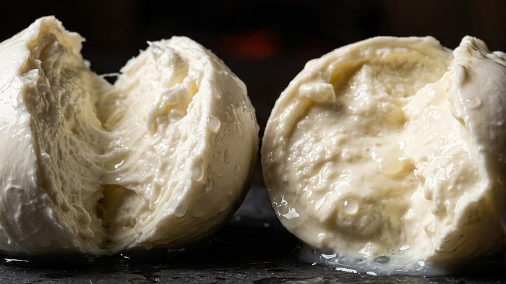 Macro di due mozzarelle (fior di latte e bufala) strappate a metà con gocce di siero lucide su pietra nera