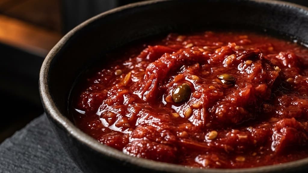 Dettaglio ravvicinato di pomodori pelati San Marzano schiacciati a mano in una ciotola di terracotta