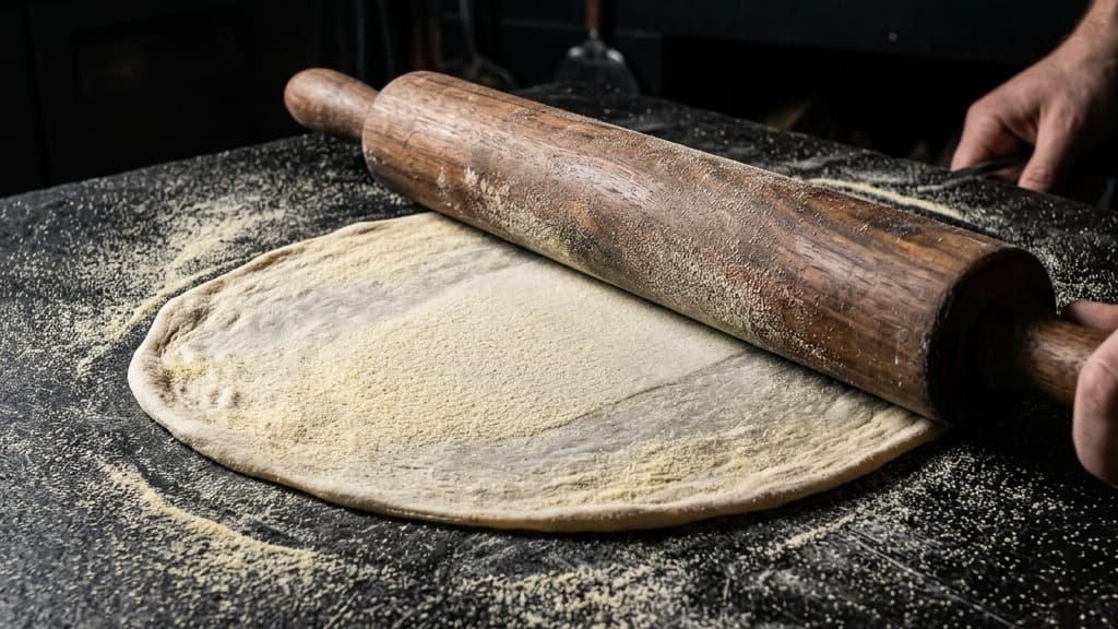 Un mattarello in legno che stende un disco sottile di impasto per pizza cosparso di semola su una superficie scura