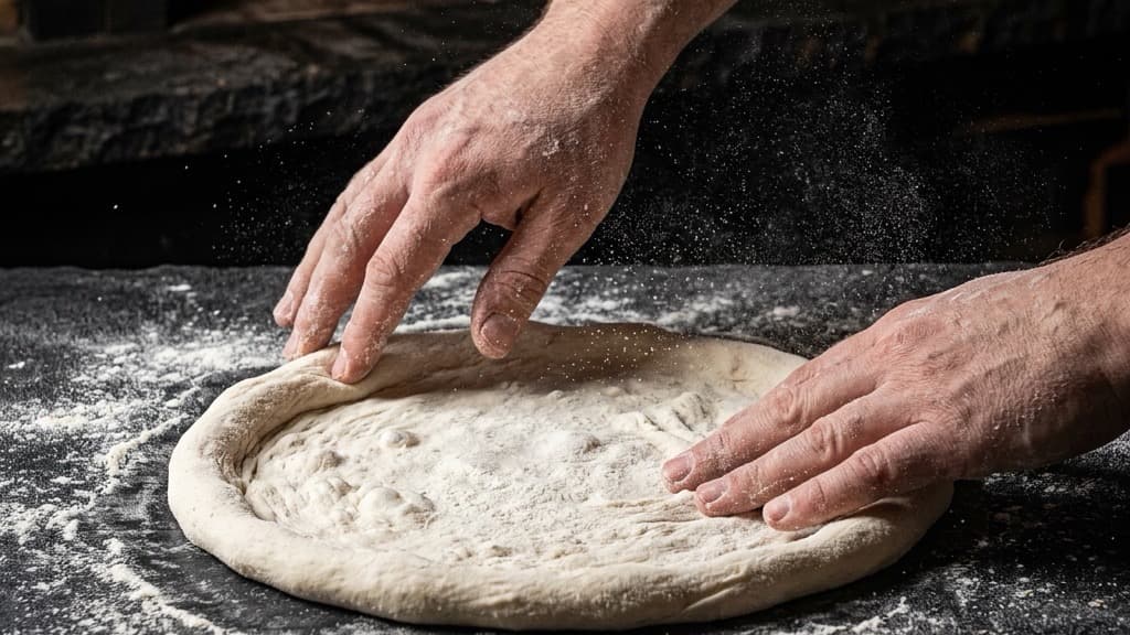 Due mani che stendono un panetto per pizza napoletana su una spianatoia cosparsa di farina, spingendo l'aria verso il bordo