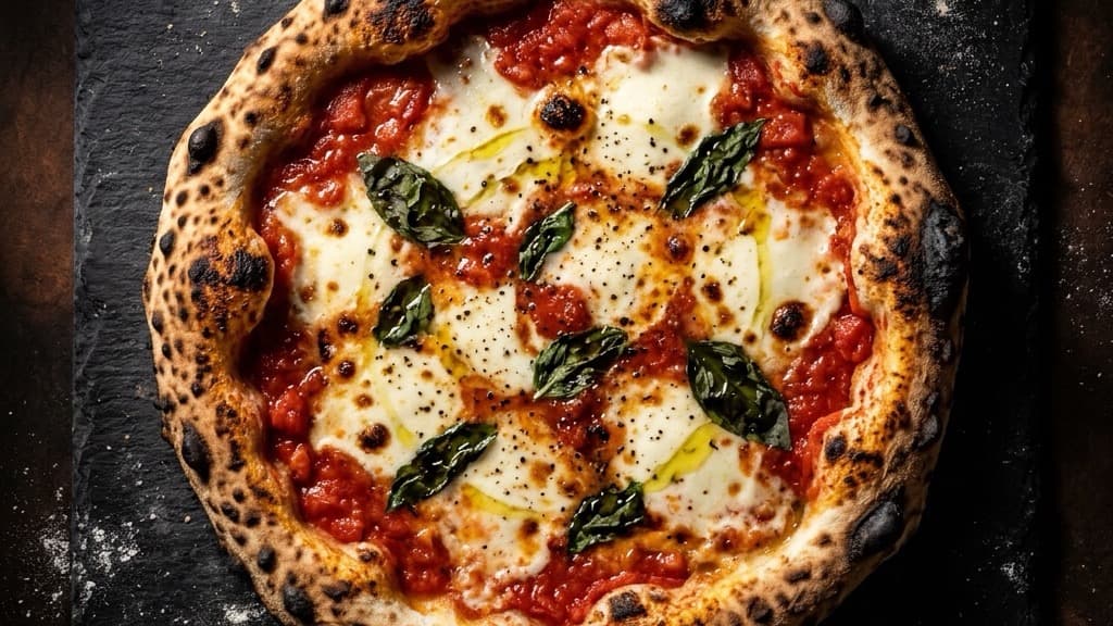 Vista dall'alto di una pizza contemporanea con un cornicione alto e alveolato dal tipico aspetto maculato, condita con pomodoro e mozzarella