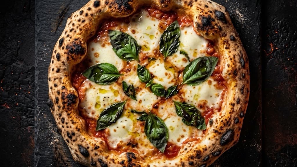 Vista dall'alto di una classica pizza margherita napoletana con cornicione maculato, fior di latte fuso e foglie di basilico su una superficie scura