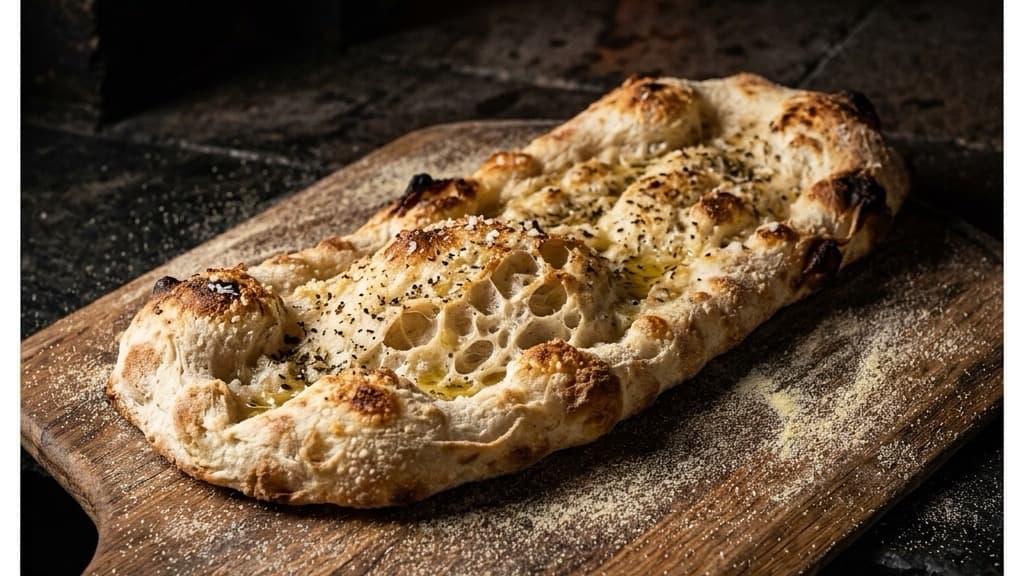Una pizza alla pala romana, dorata e con alveolatura ben visibile, posizionata su una pala di legno cosparsa di semola