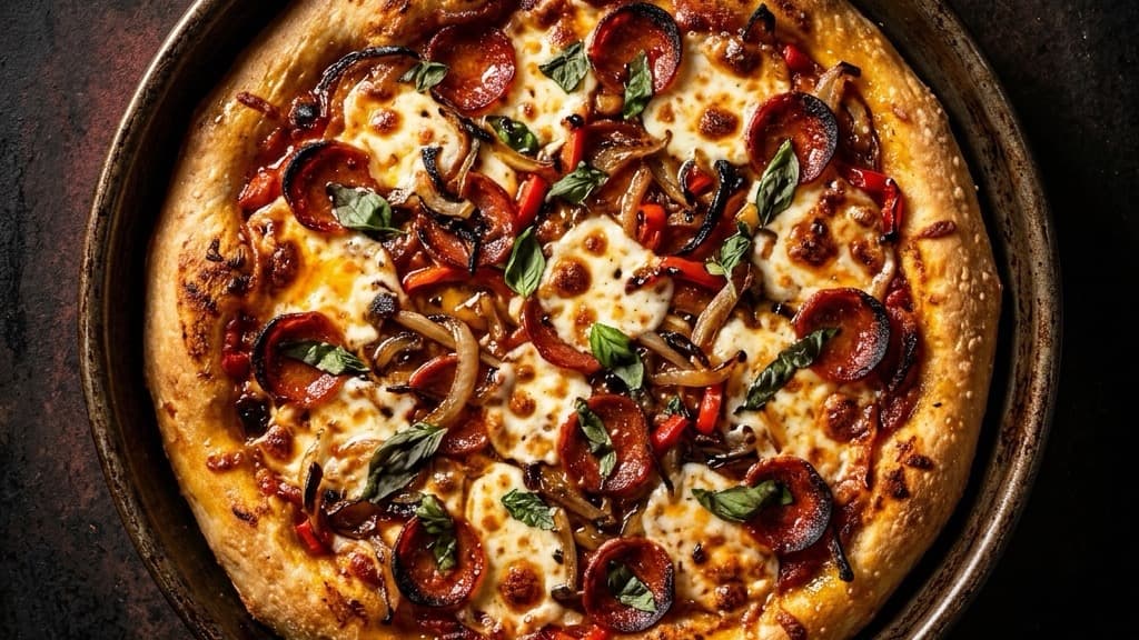 Una pizza al trancio morbida cotta in una teglia rotonda di metallo, condita generosamente, vista dall'alto su fondo scuro