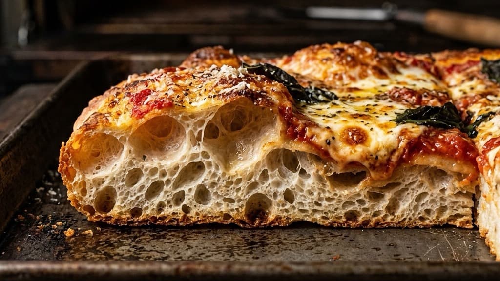 Primo piano trasversale di un trancio di pizza in teglia romana con grandi bolle interne lucide e una crosta inferiore dorata e croccante