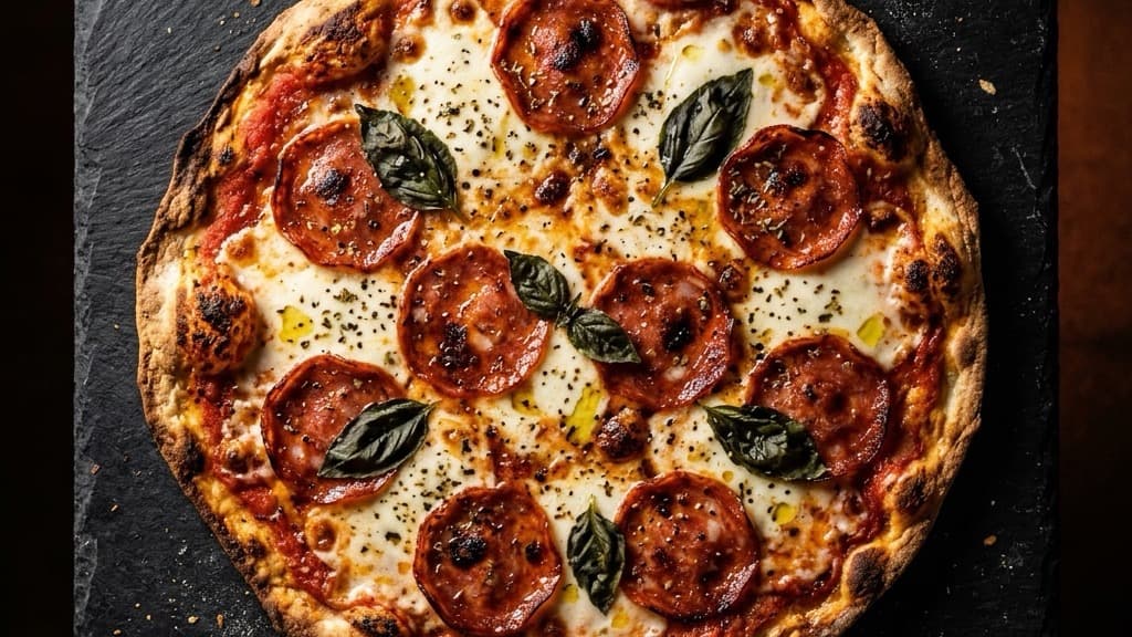 Una pizza tonda romana (scrocchiarella) con crosta sottilissima e croccante, condita con pomodoro e salame, vista dall'alto su fondo scuro
