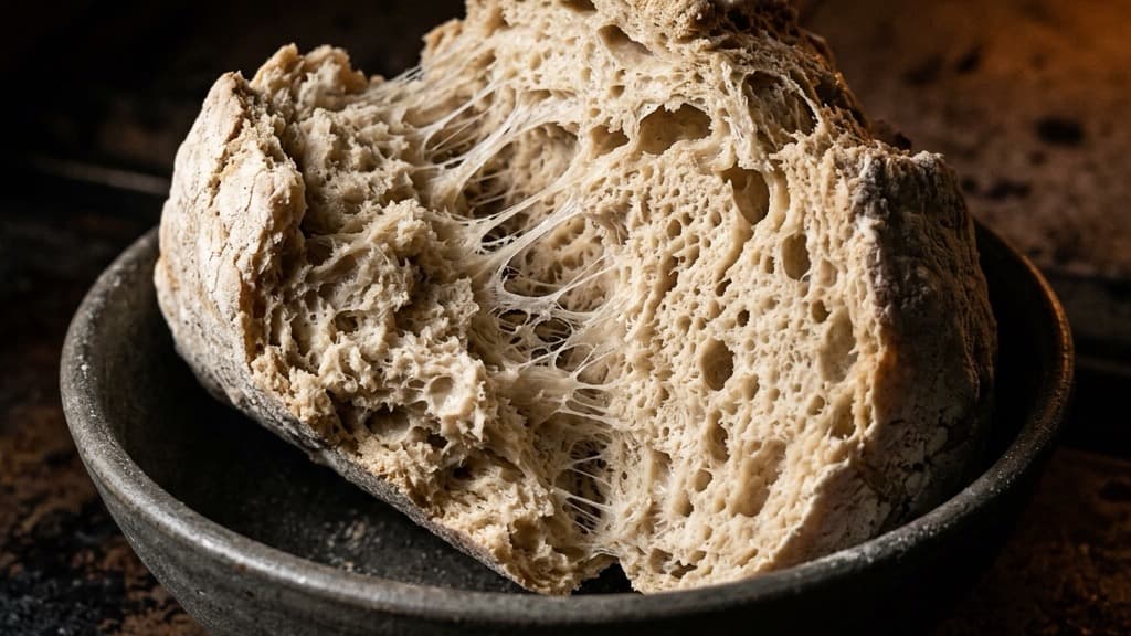 Primo piano macro di un prefermento biga asciutto e friabile spezzato per mostrare i filamenti glutinici e la struttura alveolata all'interno di una ciotola