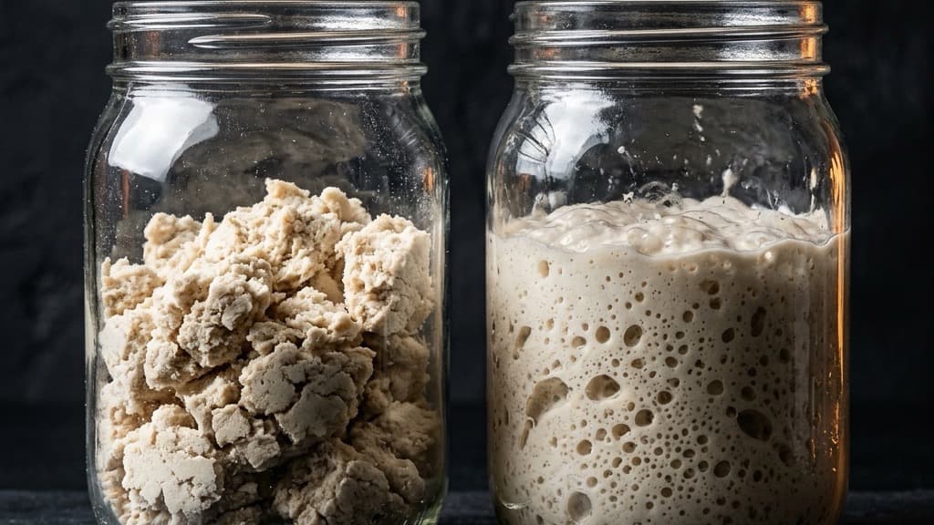 Due barattoli di vetro affiancati su una superficie scura: a sinistra una biga asciutta e grumosa, a destra un poolish liquido ricco di bolle