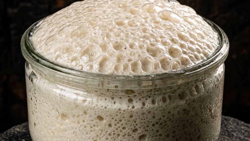 Un barattolo di vetro contenente poolish liquido giunto al picco di fermentazione, ricoperto di bollicine in superficie, su sfondo scuro