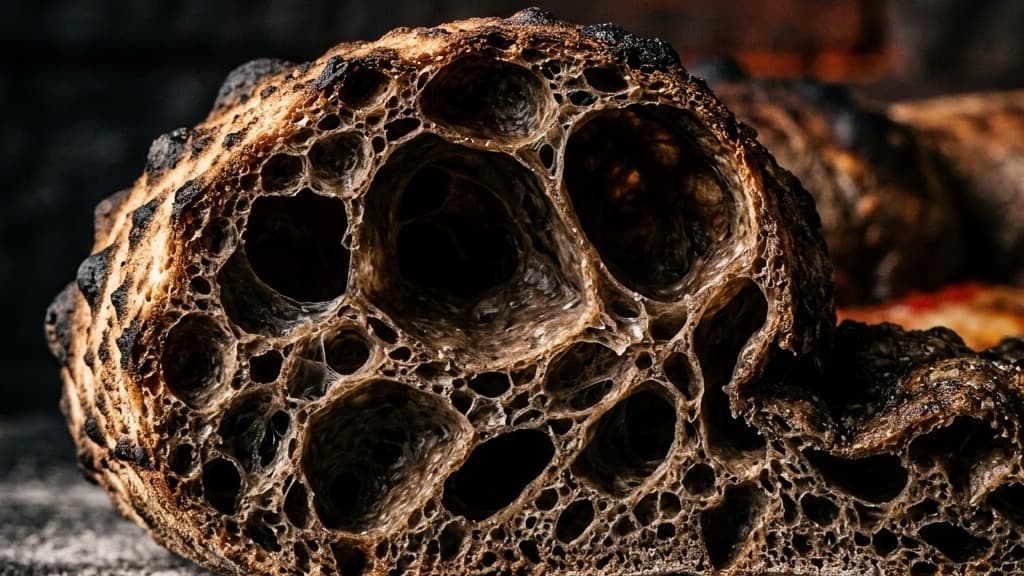Sezione trasversale macro del cornicione di una pizza cotta con alveolatura aperta e irregolare, ombreggiata e illuminata lateralmente