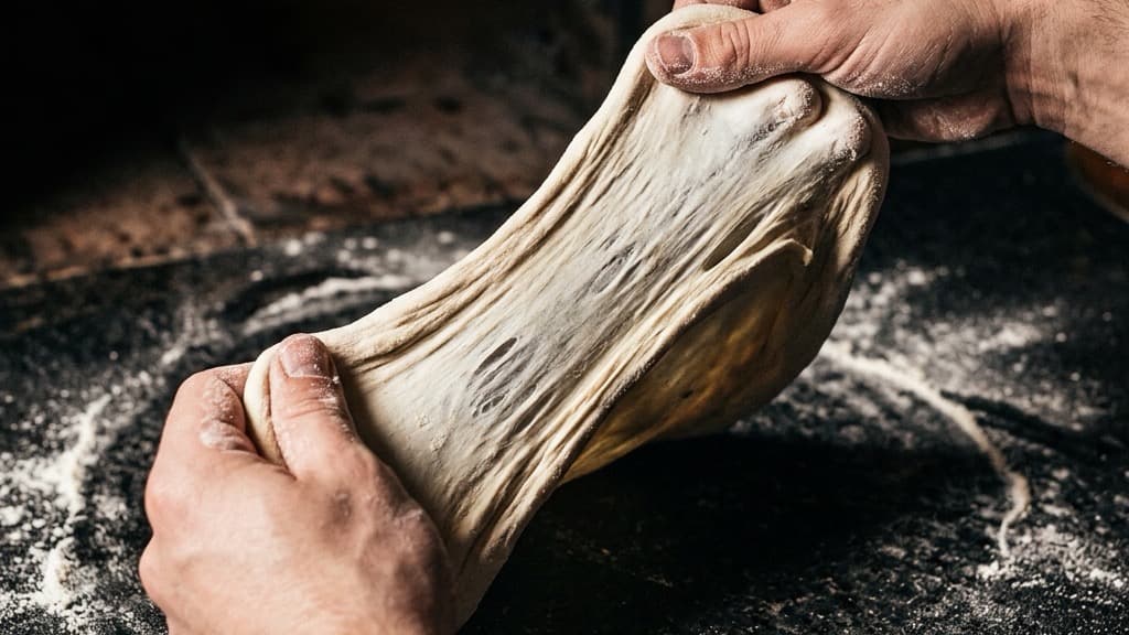 Due mani che stendono un impasto elastico che oppone resistenza e tende a ritirarsi su un piano infarinato