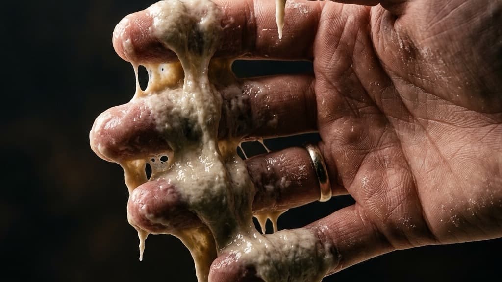 Un impasto molle e appiccicoso che cola tra le dita di una mano, bagnato e informe, su sfondo scuro