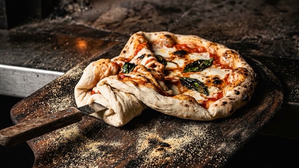 Una pizza condita accartocciata e incollata su una pala di legno prima di essere infornata, con semola sparsa